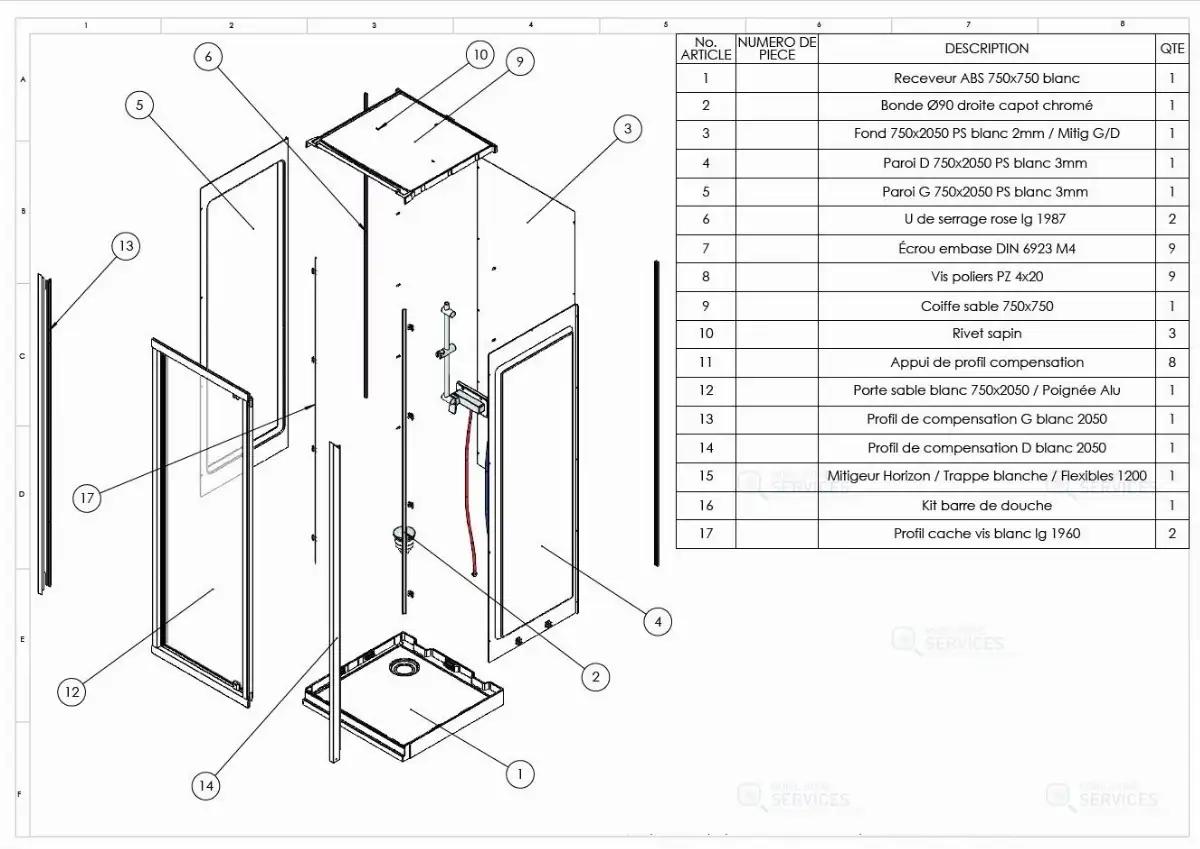 Ensemble Cabine de douche 750 x 750 x 2050